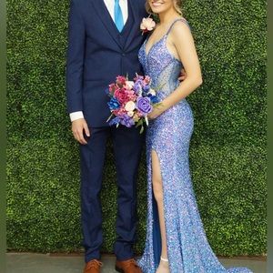 Long blue iridescent prom dress